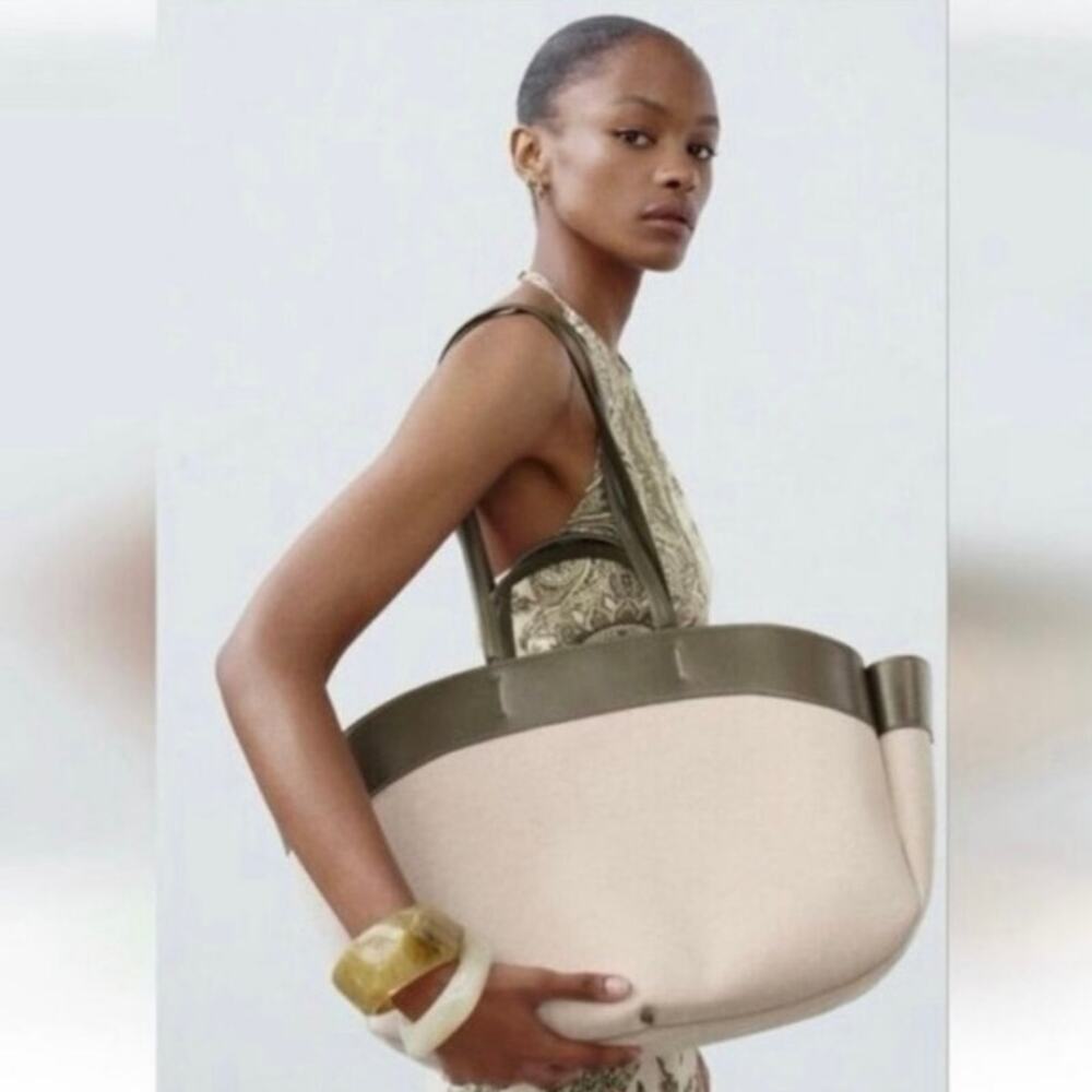 NWT Zara Contrast Shopper Canvas Tote Bag Cream Olive Green Large Shoulder Bag